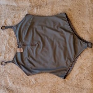 Blueish gray front zip spaghetti strap faux leather bodysuit